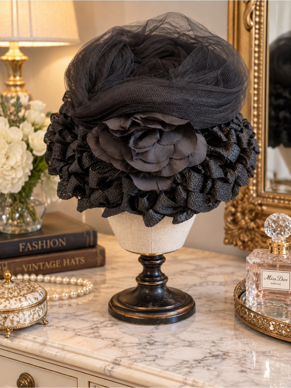 Elegant Black Silk Floral 1960’s Cocktail Hat with Black Netting